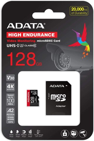 ADATA | AUSDX128GUI3V30SHA2-RA1 Karta pamięci | 128 GB | MicroSDXC | Pamięć flash klasy 10 | Adapter