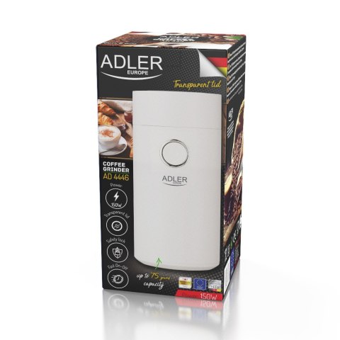 Adler | AD 4446ws | Młynek do kawy | 150 W | Pojemność ziaren kawy 75 g | Liczba filiżanek szt. | Biały