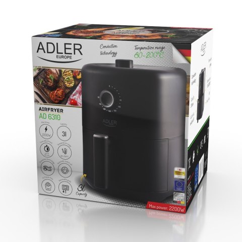 Adler | AD 6310 | Airfryer | Moc 2200 W | Pojemność 3 L | Technologia cyrkulacji gorącego powietrza | Czarny