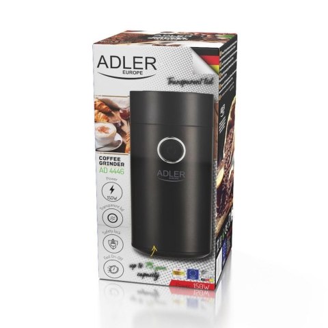 Adler | AD4446bs | Młynek do kawy | 150 W | Pojemność ziaren kawy 75 g | Wyłącznik bezpieczeństwa pokrywy | Liczba filiżanek szt