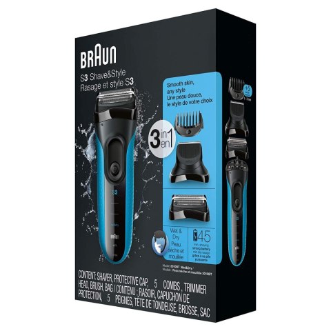 Braun | Golarka z trymerem | Series 3 Shave&Style 3010BT | Czas pracy (maks.) 45 min | Na mokro i sucho | NiMH | Czarny/Niebiesk