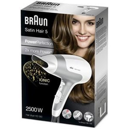 Braun | Suszarka do włosów | Satin Hair 5 HD 580 | 2500 W | Liczba ustawień temperatury 3 | Funkcja jonizacji | Biały/srebrny