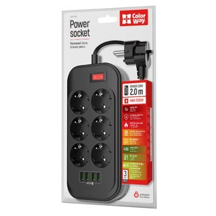 ColorWay CW-CHE64B Power Socket Colorway:6 plugs/4USB Black 2M