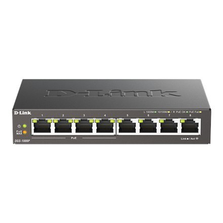 D-Link | 8-portowy przełącznik Gigabit PoE (4xPoE) | DGS-1008P | Niezarządzany | Desktop | Typ zasilania Zewnętrzny