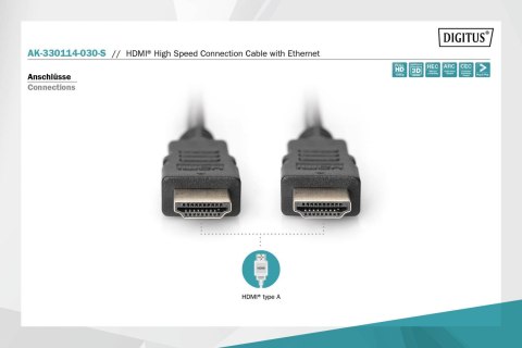 Digitus | HDMI High Speed with Ethernet | Męski | 19-pinowy HDMI typ A | Męski | 19-pinowy HDMI typ A | 3 m | Czarny