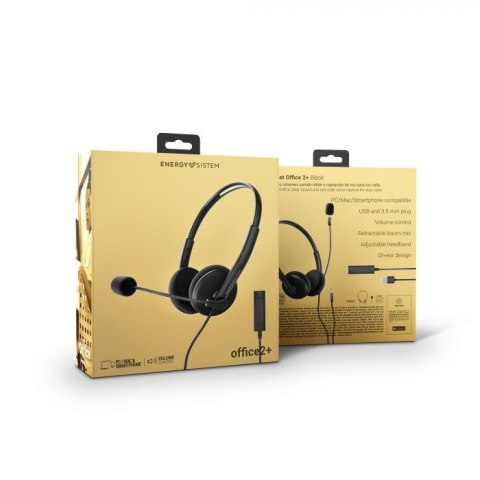 Energy Sistem Headset Office 2+ Black, USB and 3.5 mm plug, volume control, retractable boom mic. Energy Sistem | Headset Office