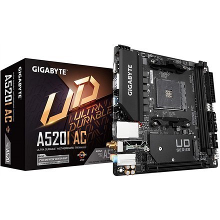 Gigabyte | A520I AC | Rodzina procesora AMD | Gniazdo procesora AM4 | DDR4 DIMM | Sloty pamięci 2 | Liczba złączy SATA 4 | Układ