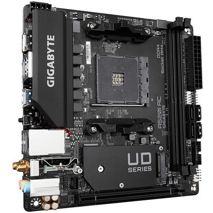 Gigabyte | A520I AC | Rodzina procesora AMD | Gniazdo procesora AM4 | DDR4 DIMM | Sloty pamięci 2 | Liczba złączy SATA 4 | Układ