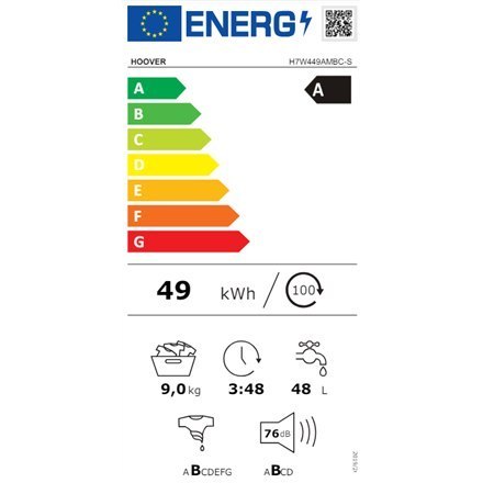 Hoover | Pralka | H7W449AMBC-S | Klasa efektywności energetycznej A | Ładowanie od przodu | Pojemność prania 9 kg | 1400 obr/min