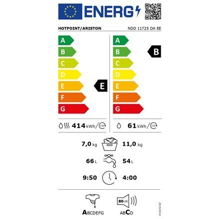 Hotpoint | NDD 11725 DA EE | Pralka z suszarką | Klasa efektywności energetycznej E | Ładowana od frontu | Pojemność prania 11 k