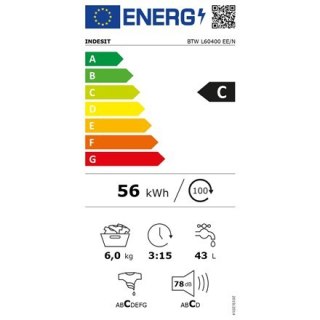 INDESIT | BTW L60400 EE/N | Pralka | Klasa efektywności energetycznej C | Ładowanie od góry | Pojemność prania 6 kg | 951 obr/mi