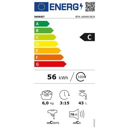 INDESIT | BTW L60400 EE/N | Pralka | Klasa efektywności energetycznej C | Ładowanie od góry | Pojemność prania 6 kg | 951 obr/mi