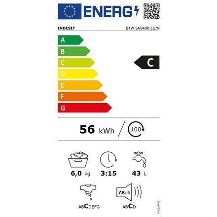 INDESIT | BTW S60400 EU/N | Pralka | Klasa efektywności energetycznej C | Ładowanie od góry | Pojemność prania 6 kg | 951 obr/mi