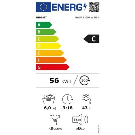 INDESIT | BWSA 61294 W EU N | Pralka | Klasa efektywności energetycznej C | Ładowana od frontu | Pojemność prania 6 kg | 1151 ob