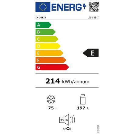 Indesit LI6 S2E X Chłodziarka,E, Wolnostojąca, Kombi, Wysokość 1,59 m, Chłodziarka netto 197 L, Zamrażarka netto 75 L, Inox | IN