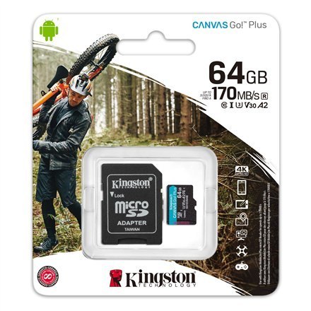 Kingston | microSD | Canvas Go! Plus | 64 GB | MicroSD | Pamięć flash klasy 10 | Adapter SD