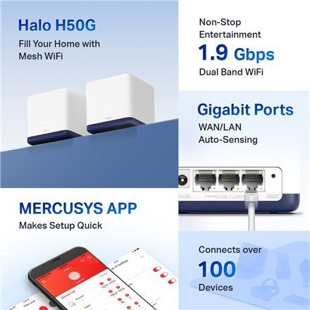 Mercusys | AC1900 Whole Home Mesh Wi-Fi System | Halo H50G (2-Pack) | 802.11ac | 600+1300 Mbit/s | Mbit/s | Ethernet LAN (RJ-45)