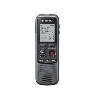 Rejestrator dźwięku Sony ICD-PX240 w kolorze czarnym i szarym z wyświetlaczem LCD, odtwarzaczem MP3. Maksymalny czas nagrywania