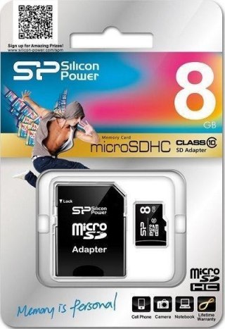 Silicon Power | 8 GB | MicroSDHC | Pamięć flash klasa 10 | Adapter SD