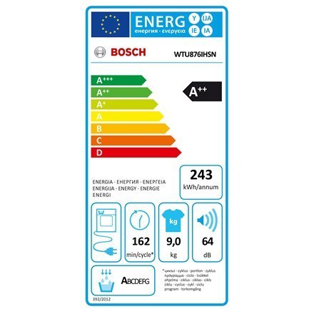 Suszarka Bosch z pompą ciepła | WTU876IHSN | Klasa efektywności energetycznej A++ | Ładowana od przodu | 9 kg | LED | Głębokość