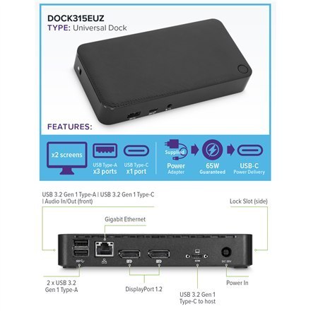 Uniwersalna stacja dokująca | DisplayLink USB-C z 65 W Power Delivery | Porty Ethernet LAN (RJ-45) 1 | Porty DisplayPorts 2 | Et