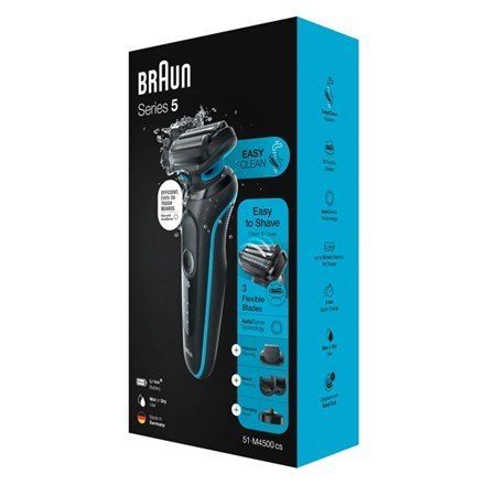 Braun | Golarka | 51-M4500cs | Czas pracy (maks.) 50 min | Na mokro i sucho | Czarny/niebieski