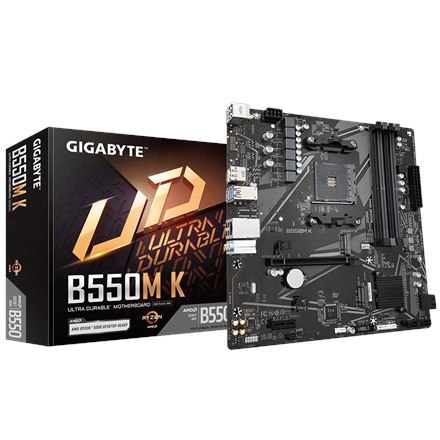 Gigabyte | B550M K 1.0 M/B | Rodzina procesorów AMD | Gniazdo procesora AM4 | DDR4 DIMM | Gniazda pamięci 4 | Obsługiwane interf