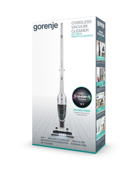 Gorenje | Odkurzacz | SVC180FW | Handstick 2w1 | Handstick | - W | 18 V | Czas pracy (maks.) 50 min | Biały | Gwarancja 24 miesi