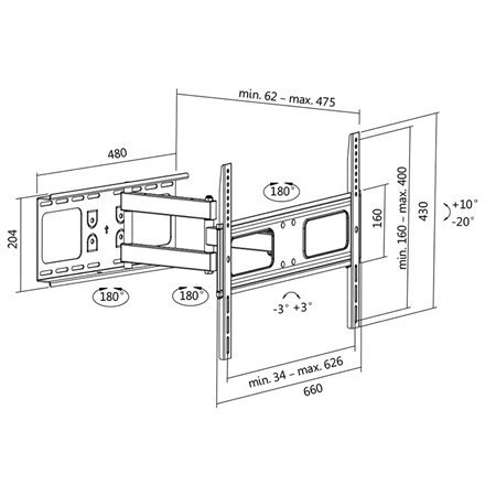 Logilink BP0028 TV Wall mount, 37"-70", tilt +10°-20°,swievel +-90°, 475mm Logilink | Wall Mount | 37-70 " | Maximum weight (cap