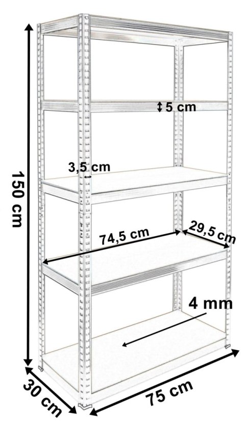 Regał magazynowy 5 poziomów 625 kg 150 x 75 x 30 cm