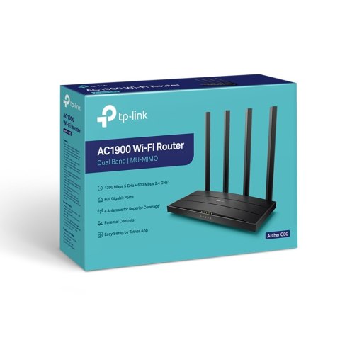 Router Wi-Fi 5 TP-LINK | AC1900 Wireless MU-MIMO | Archer C80 | 802.11ac | 1300+600 Mbit/s | 10/100/1000 Mbit/s | 4 porty Ethern