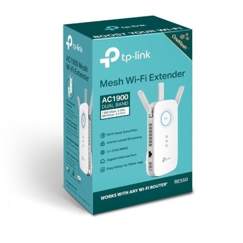 TP-LINK | RE550 | AC1900 Wi-Fi Range Extender | 802.11ac | 2GHz/5GHz | 600+1300 Mbit/s | 10/100/1000 Mbit/s | Ethernet LAN (RJ-4