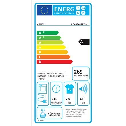 Candy | RO4 H7A1TEX-S | Suszarka | Klasa efektywności energetycznej A+ | Ładowana od przodu | 7 kg | LCD | Głębokość 46,5 cm | W