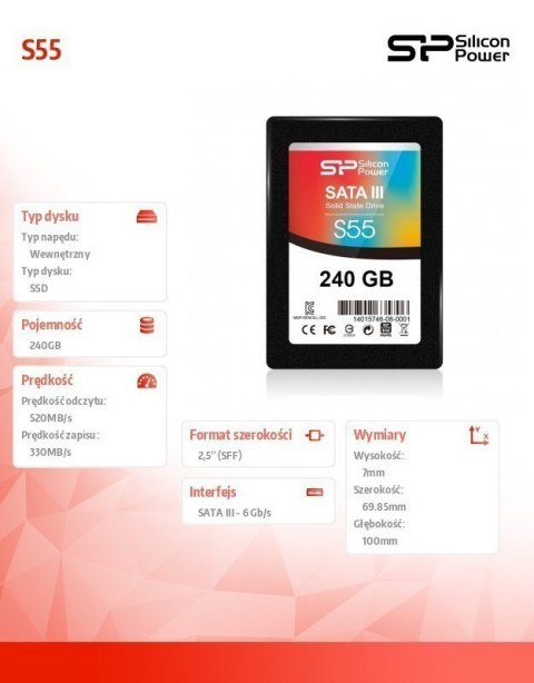 Dysk SSD Silicon Power Slim S55 240 GB SATA 550 MB/s odczyt 450 MB/s z gwarancją 36 miesięcy