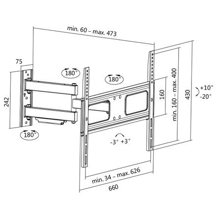 Logilink BP0019 Uchwyt ścienny do TV, 37"-70", pochylenie +10°-20°, obrót +-90°, 473 mm Logilink | Uchwyt ścienny | BP0019 | 37-