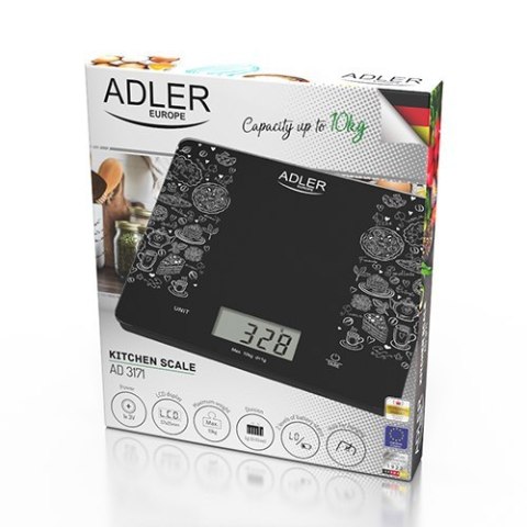 Adler | Waga kuchenna | AD 3171 | Maksymalna waga (nośność) 10 kg | Podziałka 1 g | Typ wyświetlacza LCD | Czarny