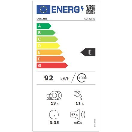 Gorenje | Do zabudowy | Szerokość 59,8 cm | Liczba nakryć 13 | Liczba programów 6 | Klasa efektywności energetycznej E | Wyświet